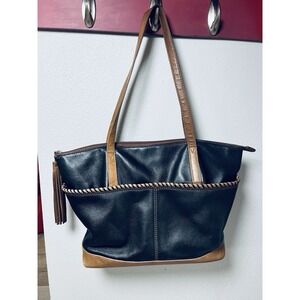 ILI New York Genuine Leather Tote Shoulder Bag Soft Whipstitch Tassel Zipper‎